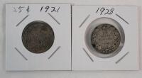 1921 & 1928 Canadian Silver 25 Cent Quarters . Two (2) Coins