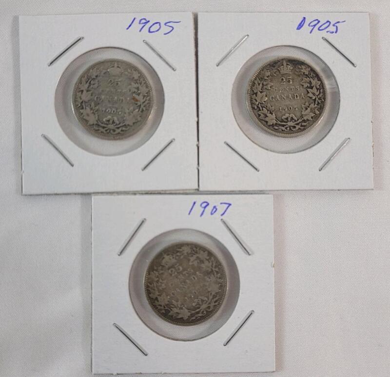 1905 & 1907 Canadian Silver 25 Cent Quarters . 1905 &times;2 & 1907 . Three (3) Coins
