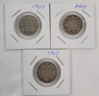 1905 & 1907 Canadian Silver 25 Cent Quarters . 1905 &times;2 & 1907 . Three (3) Coins