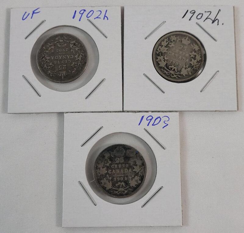 1902H & 1903 Canadian Silver 25 Cent Quarters . 1902H &times;2 & 1903 . Three (3) Coins .