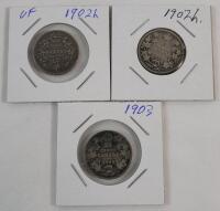1902H & 1903 Canadian Silver 25 Cent Quarters . 1902H &times;2 & 1903 . Three (3) Coins .