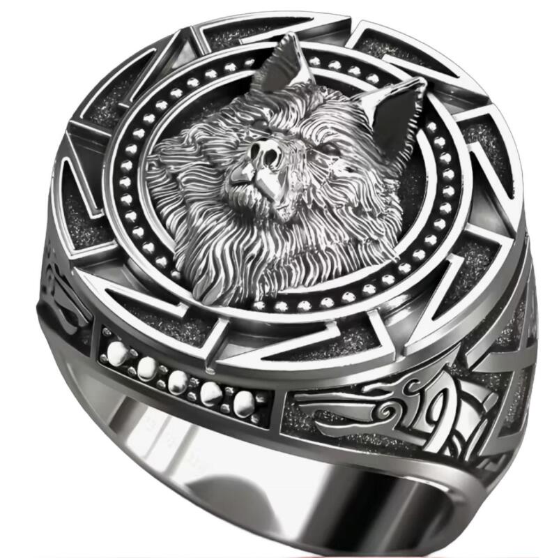 Men's Size 13 Vintage Style Wolf Head Ring Heavy Duty Metallic Construction Bold Statement