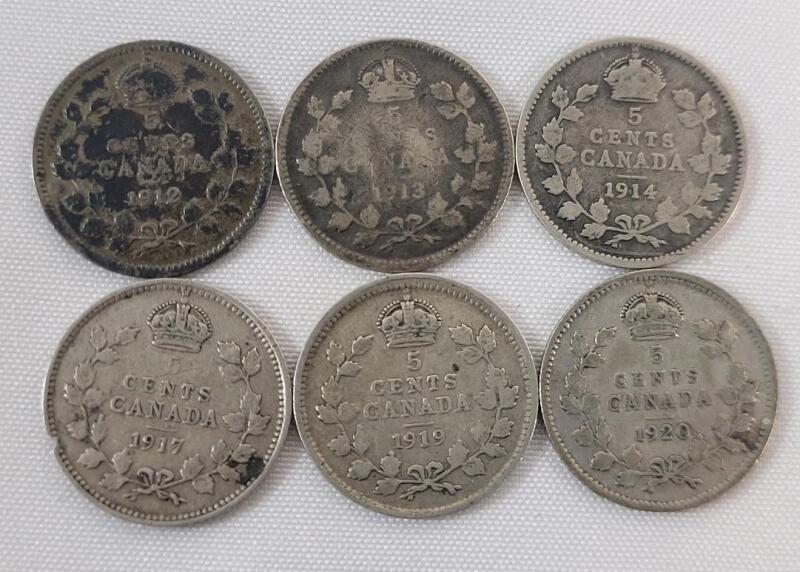 1912 - 1920 Canadian Silver 5 Cent Nickels . 1912 , 1913 , 1914 , 1917 , 1919 & 1920 . Six (6) Coins