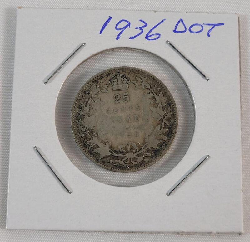 1936 DOT Canadian Silver 25 Cent Quarter