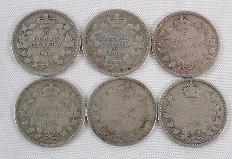 1902 - 1912 Canadian Silver 5 Cent Nickels . 1902 &times;2 , 1906 , 1907 , 1912 &times;2 . Six (6) Coins