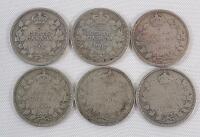 1902 - 1912 Canadian Silver 5 Cent Nickels . 1902 &times;2 , 1906 , 1907 , 1912 &times;2 . Six (6) Coins