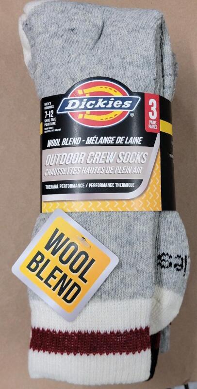 Three (3) New Dickies Wool Blend Outdoor Crew Socks , Men's 7 - 12 .