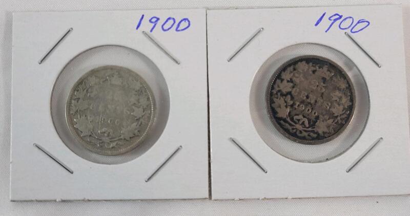 Two (2) 1900 Canadian Silver 25 Cent Quarters