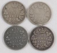 1883 - 1900 Canadian Silver 5 Cent Nickels . 1883 , 1899 &times;2 & 1900 . Four (4) Coins