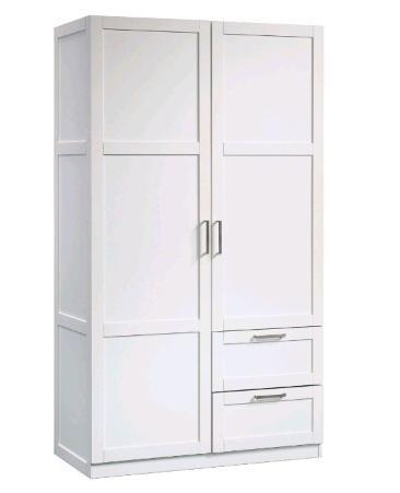 As New in Box Sauder 2-Door 2-Drawer Wardrobe/Armoire Clothes Storage Cabinet With Hanger Rod, White, Retail's for $309.99