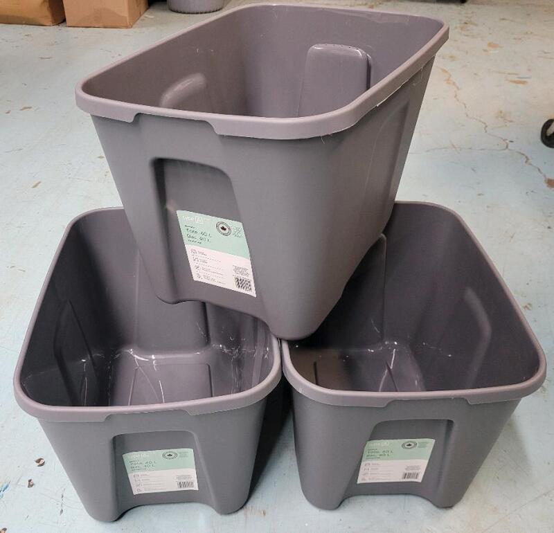 Three (3) New type-A 40L Restore Nesting Storage Totes (no lids) , Gray .