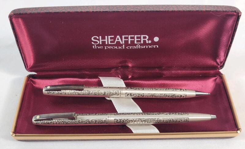 Vintage 1970s Sterling Silver Sheaffer Imperial Ballpoint Pen & Mechanical Pencil " Grape & Vine " Set w/Case .