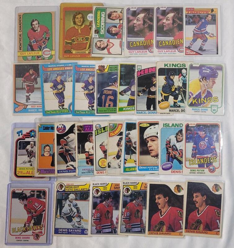 1970s & 80s Guy LaFleur , Marcel Dionne , Denis Potvin & Denis Savard NHL Hockey Trading Card Singles. 30 Trading Cards