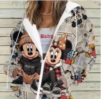 New Women&rsquo;s Size XL Vintage Minnie Mickey Mouse Designed Print Zippered Hoodie Jacket 100% Polyester Machine Washable Stock Photos added
