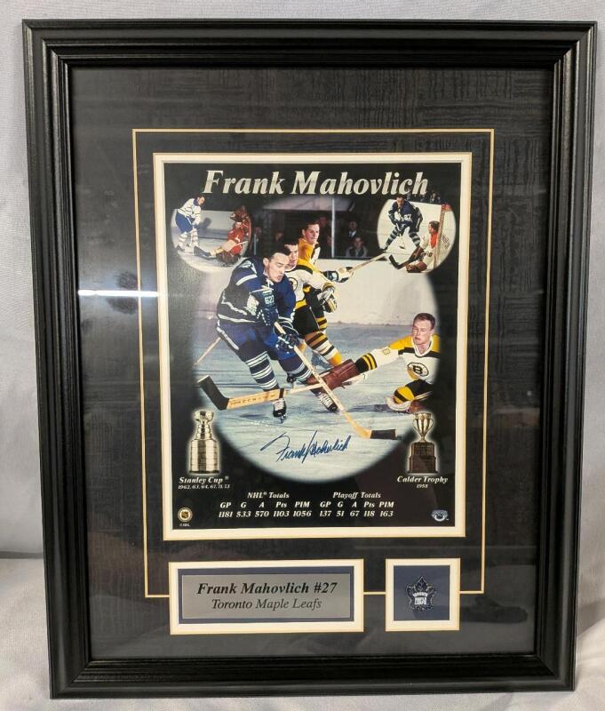 Framed Frank Mahovlich Autographed Toronto Maple Leafs Framed 8"X10" Photo with Plaque and Pin. With COA. Frame Measures 14.5" by 18"