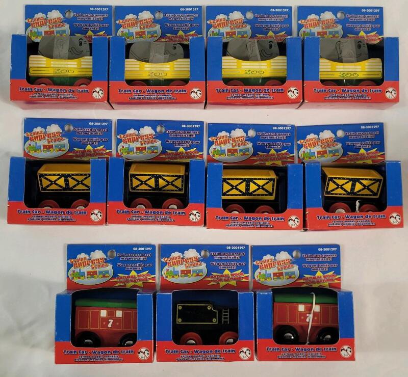 11 New Trains Express Wooden Train Cars w/Magnetic Connectors . Train Cars measure 2.5" long .