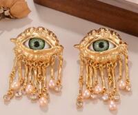 Vintage-Style Creative Pierced Earrings Eye Protection Design, Adorned with Rhinestones And Pink Pearls 2.15&rsquo;&rsquo; drop Stock photos added Pearls not tested