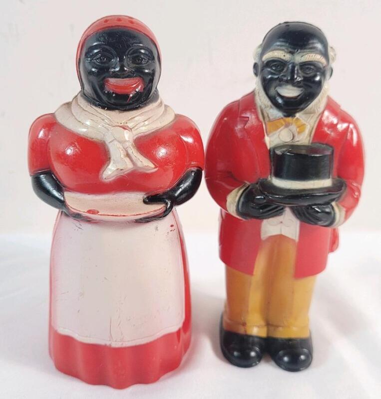 Vintage 1950s Black Americana Aunt Jemima & Uncle Moses Plastic Salt and Pepper Shakers . Measures 5 &frac14;" tall