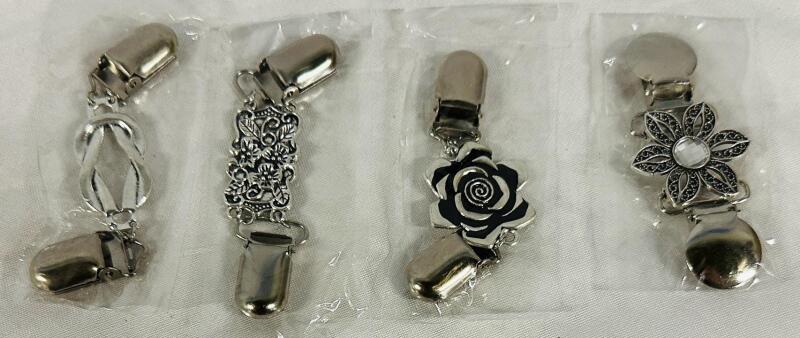 4 Vintage-Style Sweater Clips, Mostly Floral Designs, Zinc