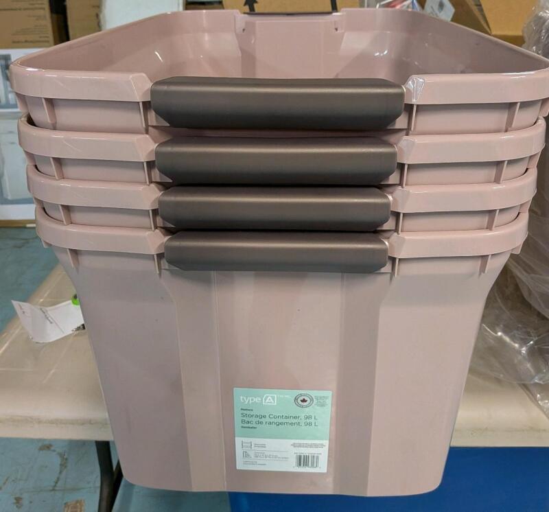 [No Lids] 4 New Type A Latching Tote, Dusty Rose, 98-L. Retails for $25 ($100) if Bins had Lids.