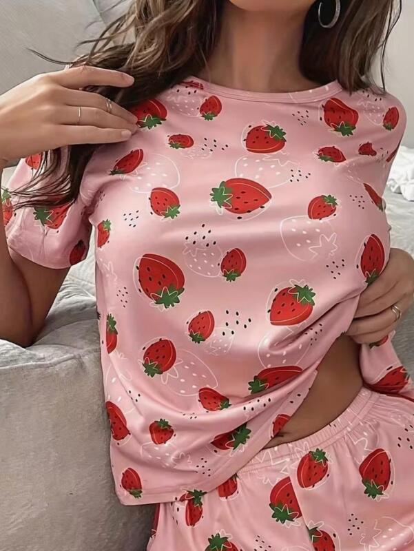 New Size Large Cute Strawberry Pajama Set Strawberry Printed Women's Cute Short Sleeved Top and Shorts Machine Washable 95% Polyester 5 % Elastane Stock photos added