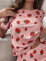 New Size Large Cute Strawberry Pajama Set Strawberry Printed Women's Cute Short Sleeved Top and Shorts Machine Washable 95% Polyester 5 % Elastane Stock photos added