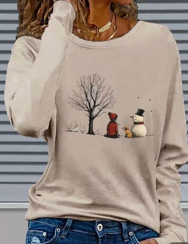 New Size L Women's Cozy Winter Snowman & Snowflake Print Long Sleeve T-Shirt - Soft Beige/ Apricot Crew Neck Casual Top with Black Snowman & Top Hat Design, Cute Dog Machine Washable 100% Polyester Stock photos added