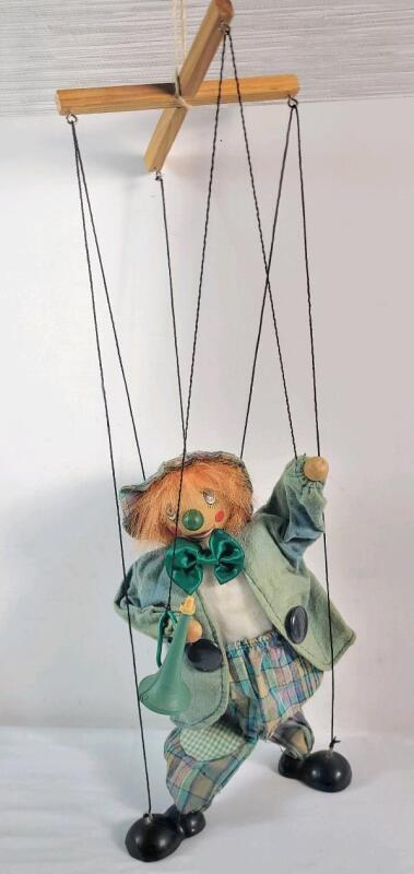 Vintage Clown Marionette / String Puppet . Puppet measures 12" tall & Puppet and Control measures 21" tall . Would benefit from cleaning before first show
