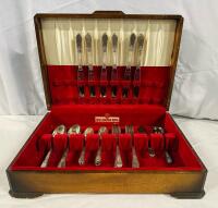 Vintage 25-Piece 1847 Rogers Bros &ldquo;Adoration&rdquo; Cutlery Set with Wooden Case, Includes 6 Place Settings Plus Butter Knife and Sugar Spoon - Missing One Soup Spoon