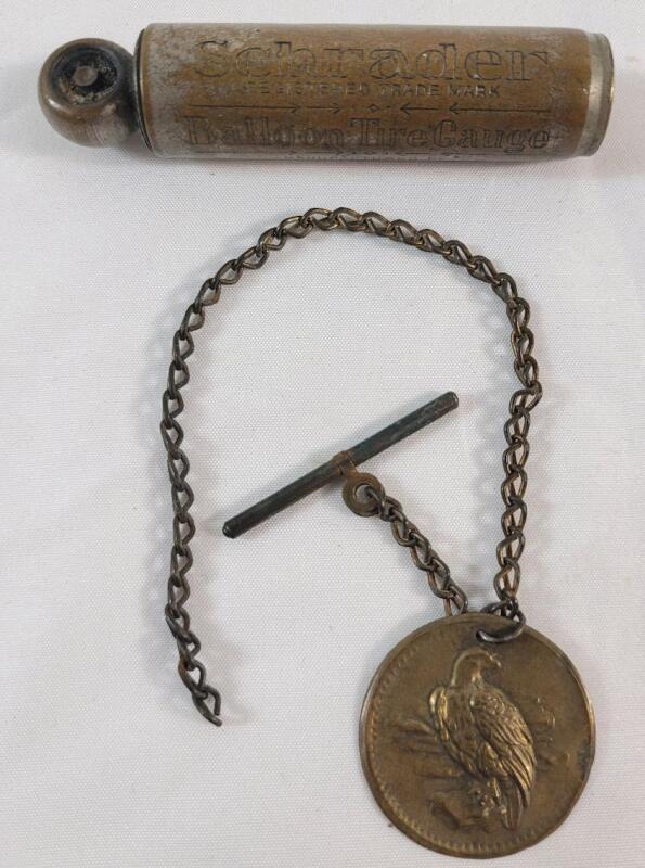 Vintage Brass Schrader Ballon Tire Gauge & Antique Pocket Watch Chain w/Fob Pendant.