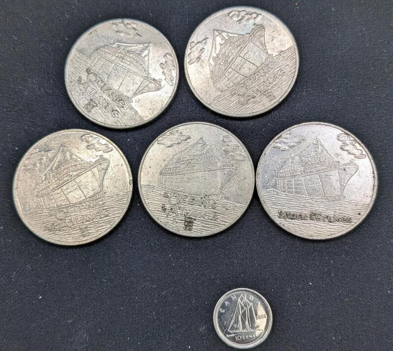 5 Oceanic Atlantic Casino Tokens. Dime for scale.