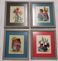 Four (4) Vintage Mexico Folk Art Signed Framed Paintings on Burlap . Each Painting Signed by Artist and measures 16"&times;18"