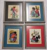 Four (4) Vintage Mexico Folk Art Signed Framed Paintings on Burlap . Each Painting Signed by Artist and measures 16"&times;18"