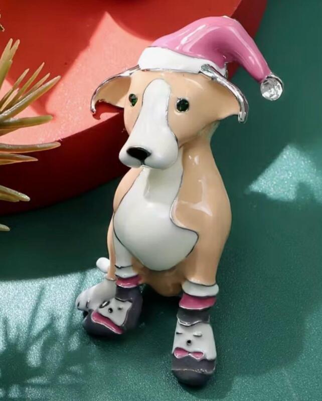 Festive Dog Brooch / Pendant Cute Enamel with Rhinestone Accents, Santa Hat & Scarf Design Detailed Craftsmanship approximately 2 x1&rsquo;&rsquo; stock photo added