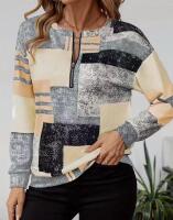 New Size L Women's Elegant Geometric Print Long Sleeve Top Half Zipper Detail Shirt Brown, Golden Peach Shades Machine washable 95% Polyester 5% Elastane Stock photos added