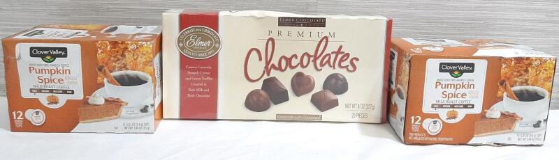 2 As New Clover Valley Pumpkin Spice Mild Roast Coffee Packs (113g Each) & Elmer Premium Chocolates (227g) | Coffee Best Before is November 10th, 2025, Chocolates Best Before is May 5th, 2026