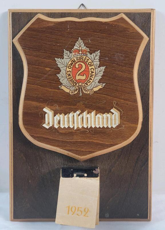 Vintage Wooden Plaque Commemorating the Queen's Own Rifles of Canada's service in Germany w/Complete Tear-Away 1952 Calendar. Measures 8"&times;11.5"