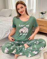 New Cute Women&rsquo;s Size Large 2pcs Pajama Set with Koala Print Short Sleeve Top and Bow-Decorated Long Pants 95% Polyester 5% Elastane Machine Wash Stock photos added