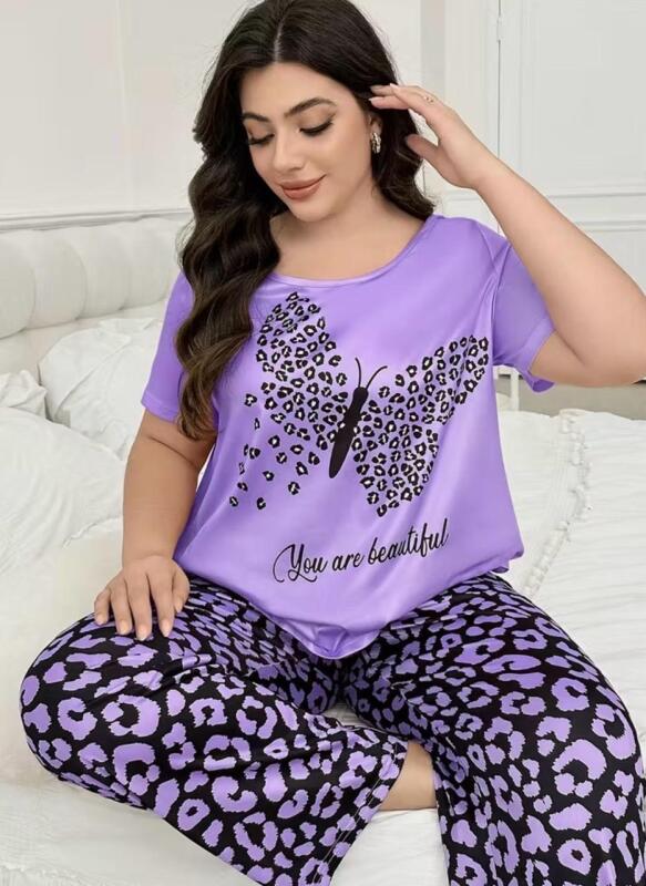 New Plus Size Women's Fashion Size 3XL Casual Wearable Loungewear Set Blend Comfortable Soft Leopard Print Butterfly Pattern Short Sleeve Top & Leopard Print Pants 2pcs Lounge Set Stock photos added 95% Polyester 5% Elastane Machine Wash