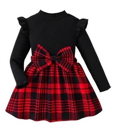 New Size 4Y Girls Plaid Long-Sleeved Dress with Bow
