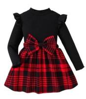 New Size 4Y Girls Plaid Long-Sleeved Dress with Bow