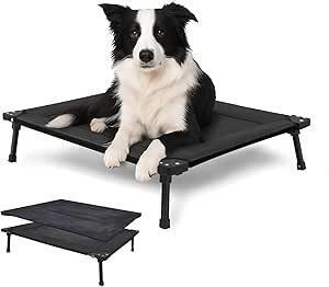 New Pozico Elevated Outdoor Dog Bed - Foldable Cooling Dog Cot with Metal Frame & Cushion, Portable Camping Pet Bed for Small Dogs, Breathable Mesh for Indoor & Outdoor Use, Black-M