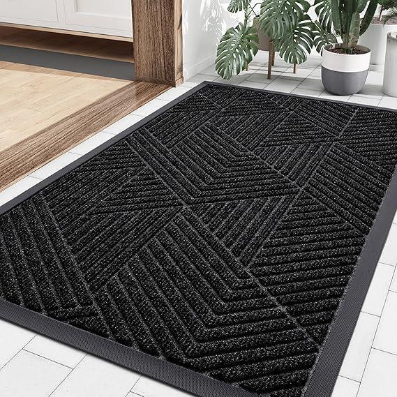 New Smiry Front Door Mat Outside Entrance, Retail $71 Heavy Duty Sturdy Natural Rubber Doormat, Trap Dirt and Moisture, Easy Clean Low Profile Mats for Indoor Outdoor Entry, Grid Geometric (36x24, Black)