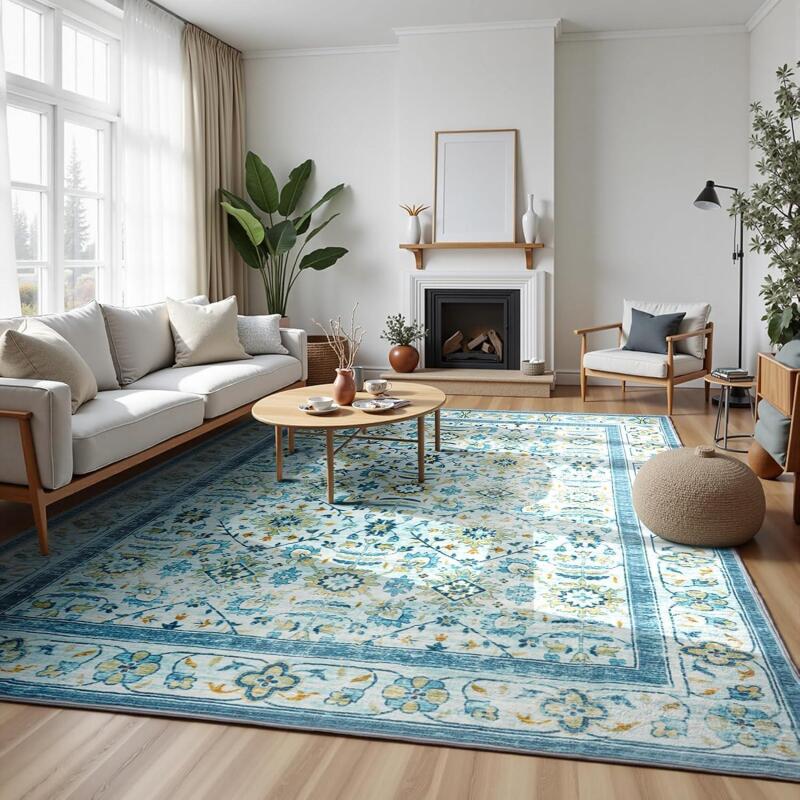 New Zentavio 9x12 Washable Area Rugs, Vintage Non-Slip Floral Living Room Rug, Indoor Foldable Floor Thin Low Pile Carpet for Farmhouse Bedroom Dining Room Blue