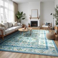 New Zentavio 9x12 Washable Area Rugs, Vintage Non-Slip Floral Living Room Rug, Indoor Foldable Floor Thin Low Pile Carpet for Farmhouse Bedroom Dining Room Blue