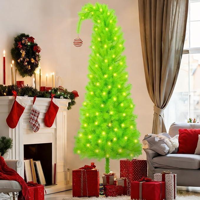 6 FT Pine Needle Grinchie Christmas Tree, Top Curved 6ft Upright 7ft Lime Green Xmas Tree with Tree Skirt, Easy Setup Whimsical Artificial Christmas Tree for Christmas Decorations 5 Piece Set