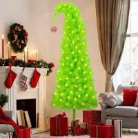 6 FT Pine Needle Grinchie Christmas Tree, Top Curved 6ft Upright 7ft Lime Green Xmas Tree with Tree Skirt, Easy Setup Whimsical Artificial Christmas Tree for Christmas Decorations 5 Piece Set