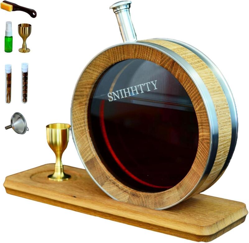 New 0.8 Liter Visualized Oak Aging Barrel with Stand, Bung, Wooden Mini Whiskey Barrel - Charred Oak Barrels for Aging Brandy, Bourbon, Cocktails, Rum, Tequila, Mead Wine, Gin, Cognac Retails $234