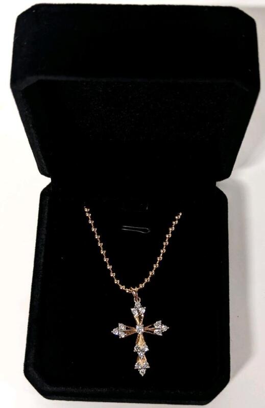 NEW 18K Gold Plated 32.Omm Simulated Diamond Cross Necklace - Chain 18" Long