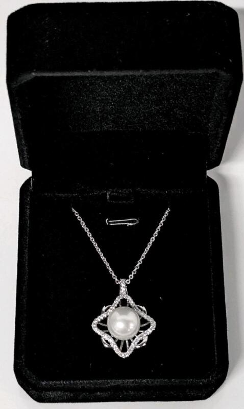 NEW Platinum Plated 11.0rnm Synthetic Pearl Necklace - Adjustable Chain 16" to 18" Long